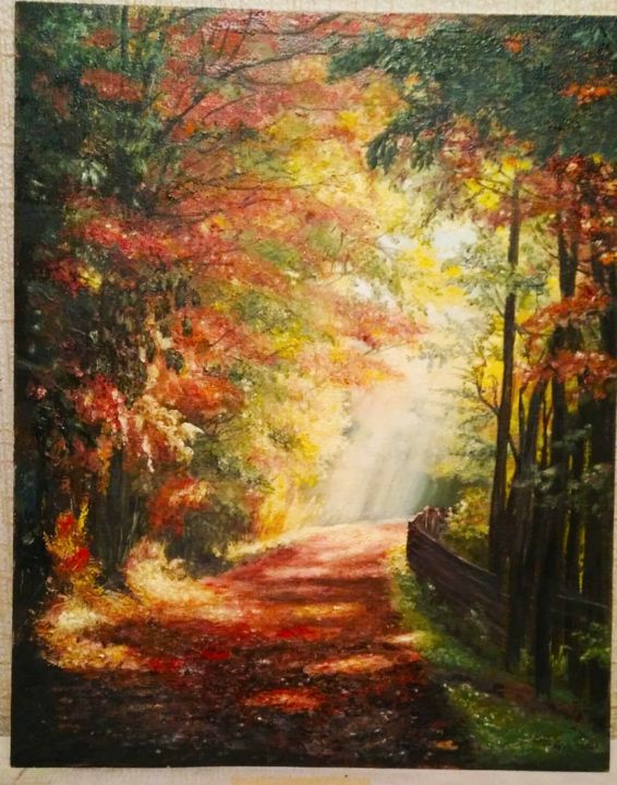 Картина под названием "Золотая осень" - Евгений Смоляков, Подлинное произведение искусства, Масло Установлен на картон