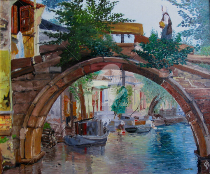 Painting titled "PONT À LA CHINOISE" by Esdez, Original Artwork, Oil Mounted on Wood Stretcher frame