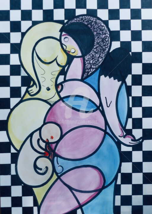 Dibujo titulada "Jeu de dames" por Esdez, Obra de arte original, Tinta