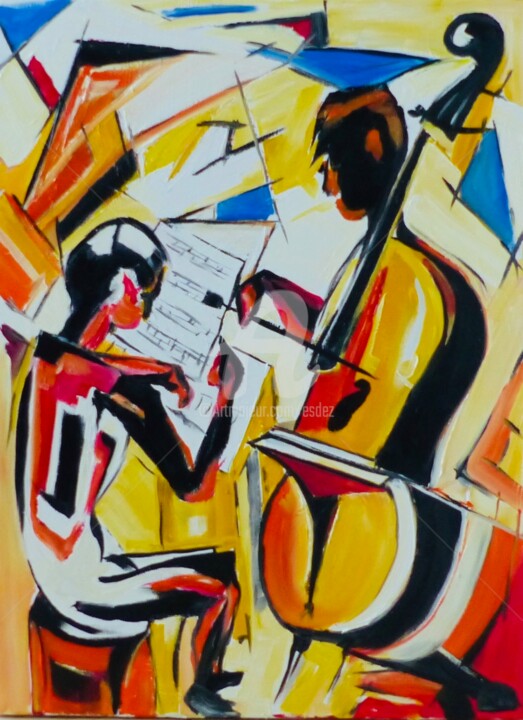 Schilderij getiteld "Jazz" door Esdez, Origineel Kunstwerk, Olie Gemonteerd op Frame voor houten brancard