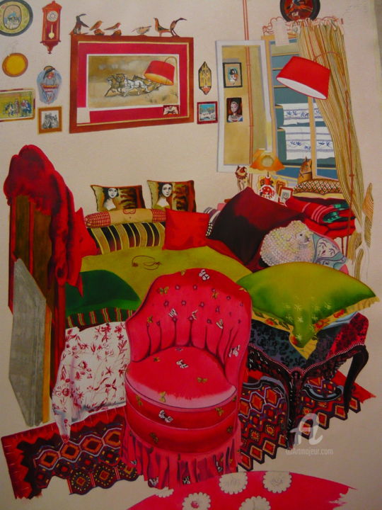 Pittura intitolato "Living room" da Eska Kerouedan, Opera d'arte originale, Inchiostro Montato su Cartone
