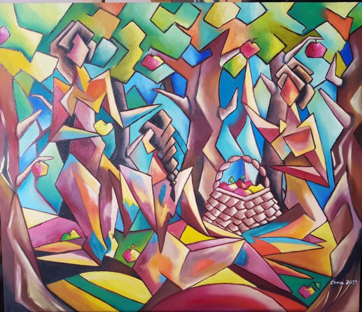 Peinture intitulée "La cueillette" par Esma, Œuvre d'art originale, Huile