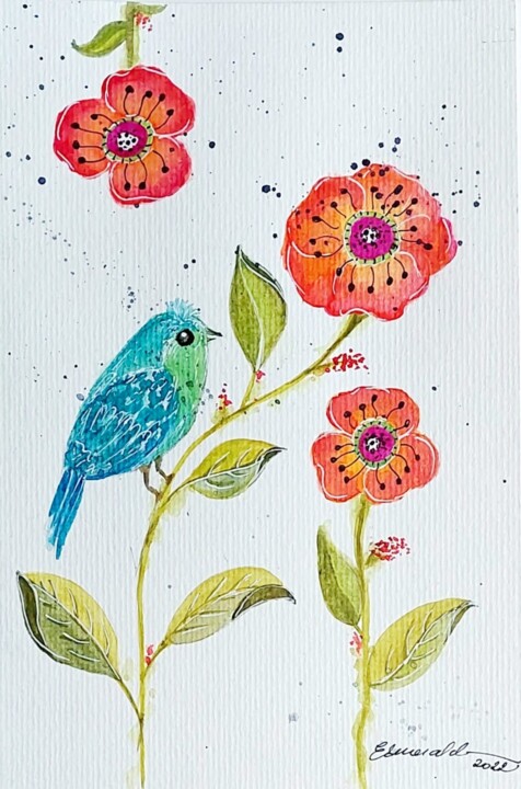 Pintura intitulada "Pássaro em flor" por Esmerald Mell, Obras de arte originais, Aquarela