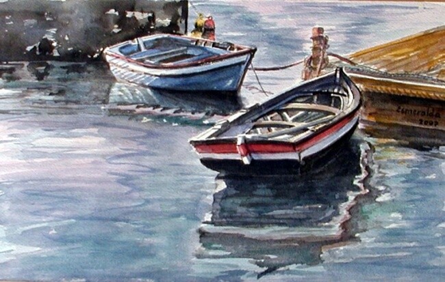 Pintura intitulada "Barcos na Doca do R…" por Esmeralda Duarte, Obras de arte originais, Óleo