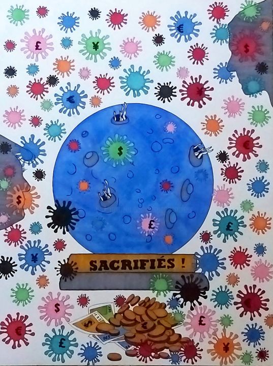Dessin intitulée "LES SACRIFIES" par J3cm (Carine), Œuvre d'art originale, Encre
