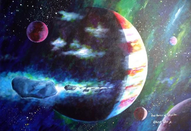 Peinture intitulée ""Las lunas de Jupit…" par Carreño Antonio "El Pintor De Las Estrel, Œuvre d'art originale