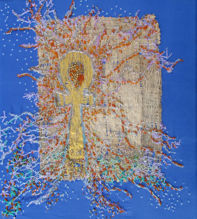 Textilkunst mit dem Titel ""La Llave de la Vid…" von Liliana Esperanza, Original-Kunstwerk, Stickerei Auf Keilrahmen aus Hol…