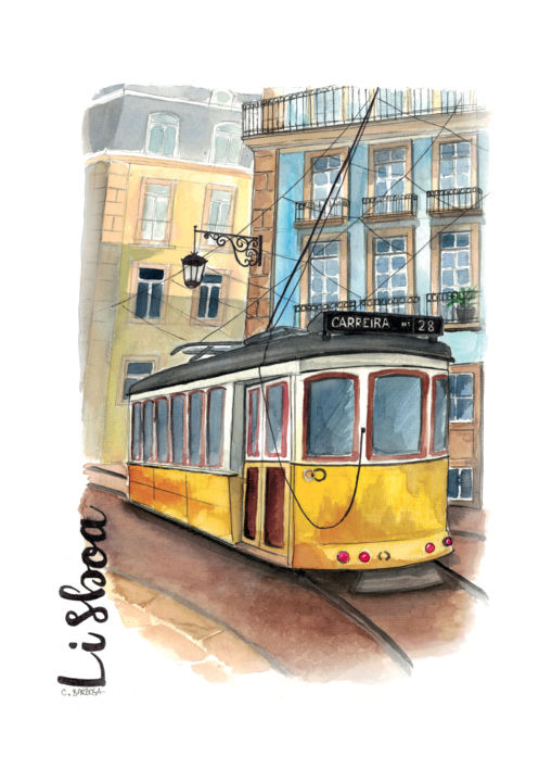 Peinture intitulée "Tramway de Lisbonne" par Céline Barbosa, Œuvre d'art originale, Aquarelle