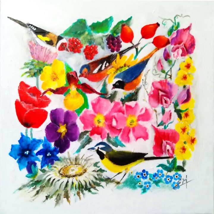 Peinture intitulée "Oiseaux dans les fl…" par Simon Martin (Esse Eme), Œuvre d'art originale, Acrylique