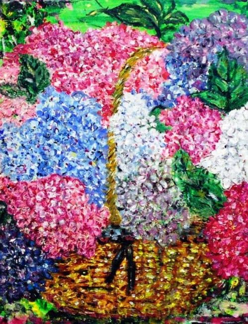 Peinture intitulée "Panier d'hortensias." par Essia, Œuvre d'art originale