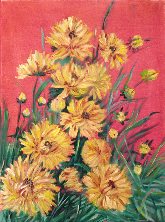 Painting titled "Chrysanthèmes-jaune…" by Essia, Original Artwork, Oil