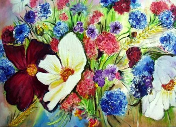Peinture intitulée "Fleurs multicolores" par Essia, Œuvre d'art originale, Huile