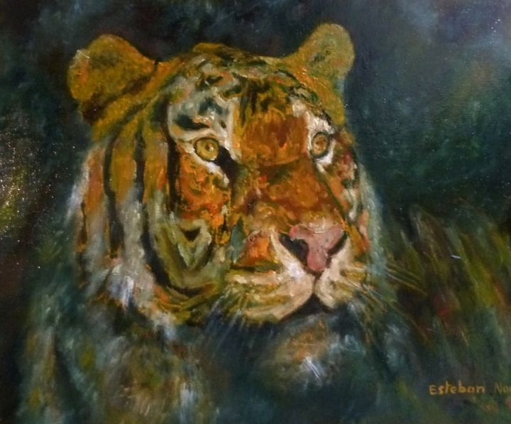 Painting titled "Tigre  de  Birmanie" by Esteban Navarro, Original Artwork, Oil Mounted on Wood Stretcher frame