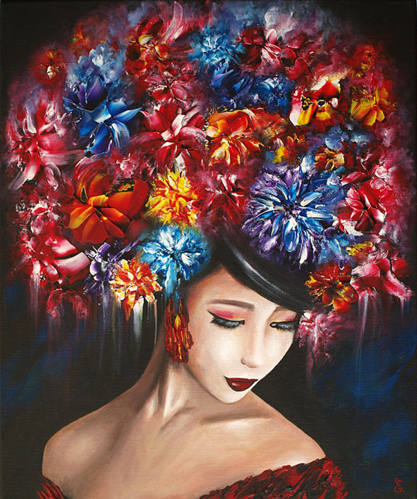 Peinture intitulée ""Geisha"" par Estelle Barbet, Œuvre d'art originale, Acrylique