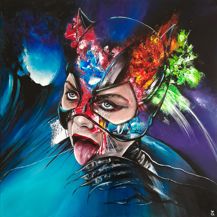 Peinture intitulée ""Licking Catwoman"" par Estelle Barbet, Œuvre d'art originale, Acrylique