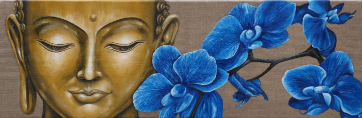 Картина под названием "Bouddha aux orchidé…" - Estelle Barbet, Подлинное произведение искусства, Масло