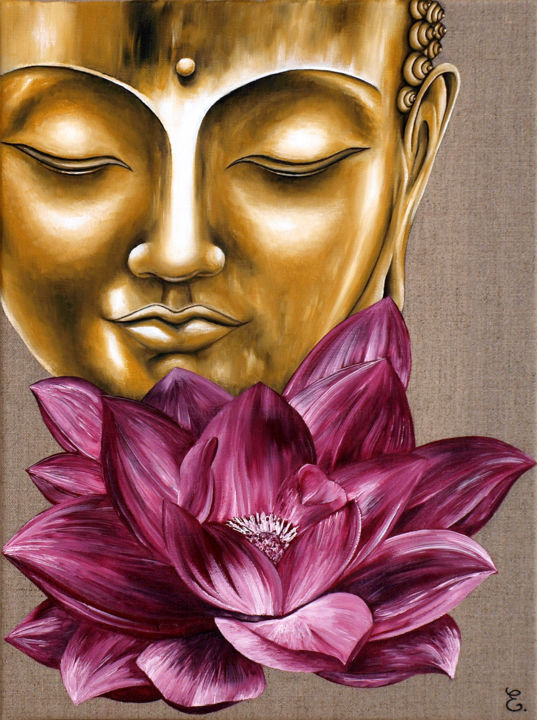 Painting titled "Bouddha au lotus ro…" by Estelle Barbet, Original Artwork, Oil