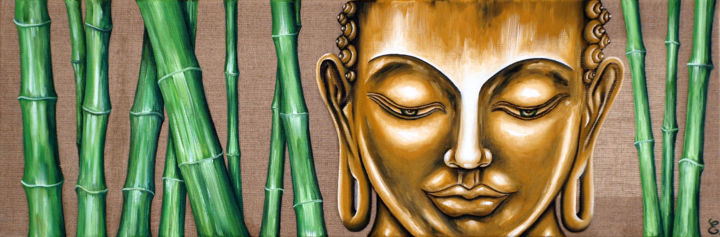 Painting titled "Bouddha aux bambous" by Estelle Barbet, Original Artwork, Oil