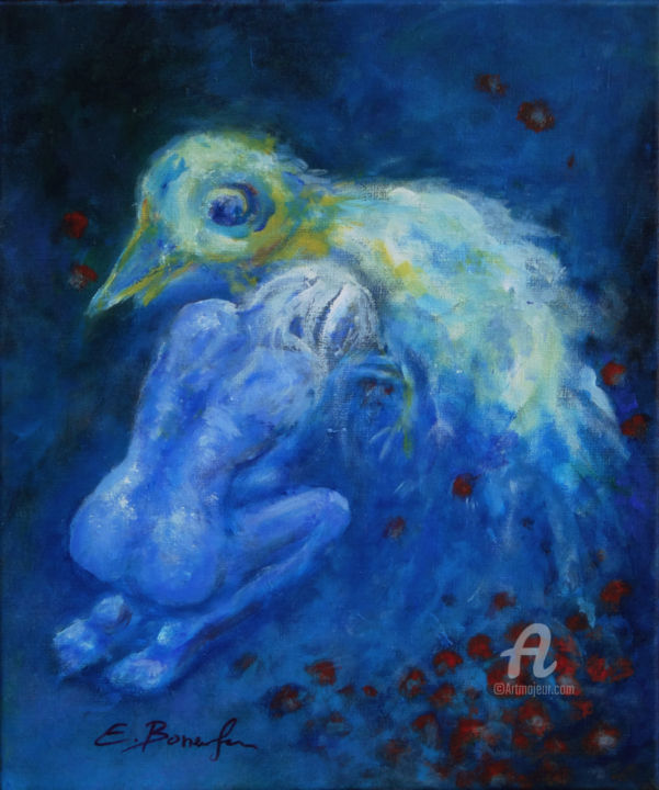 Peinture intitulée "La femme et l'oiseau" par Estelle Bonenfan, Œuvre d'art originale, Acrylique