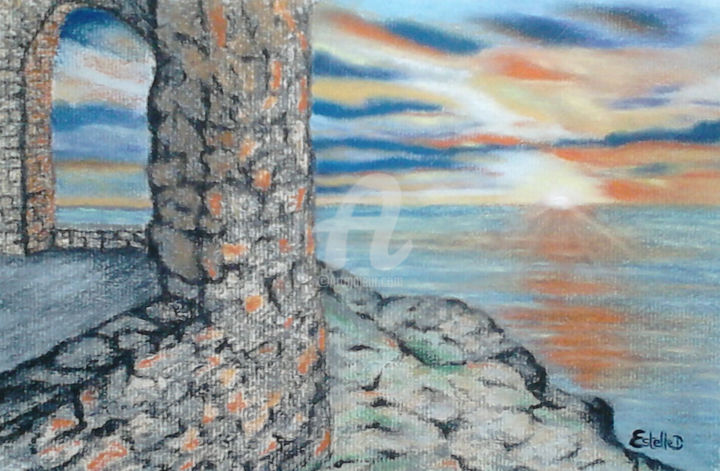 Drawing titled "Vue sur l'océan" by Estelle D, Original Artwork, Pastel