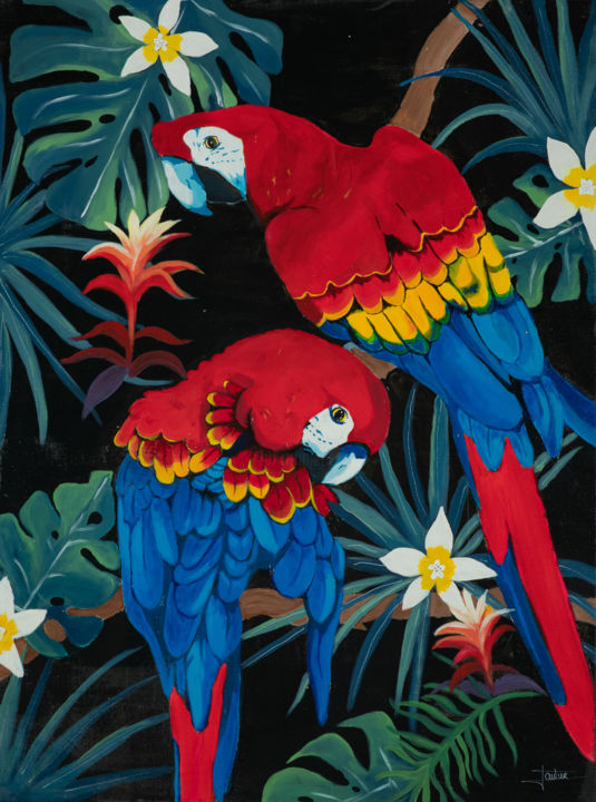 Ζωγραφική με τίτλο "Tropical Birds" από Estelle Gautier, Αυθεντικά έργα τέχνης, Ακρυλικό