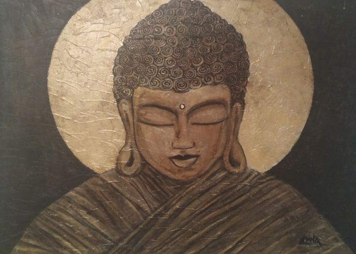 Pintura intitulada "Buda dorado en la n…" por Sandra Niño, Obras de arte originais, Acrílico