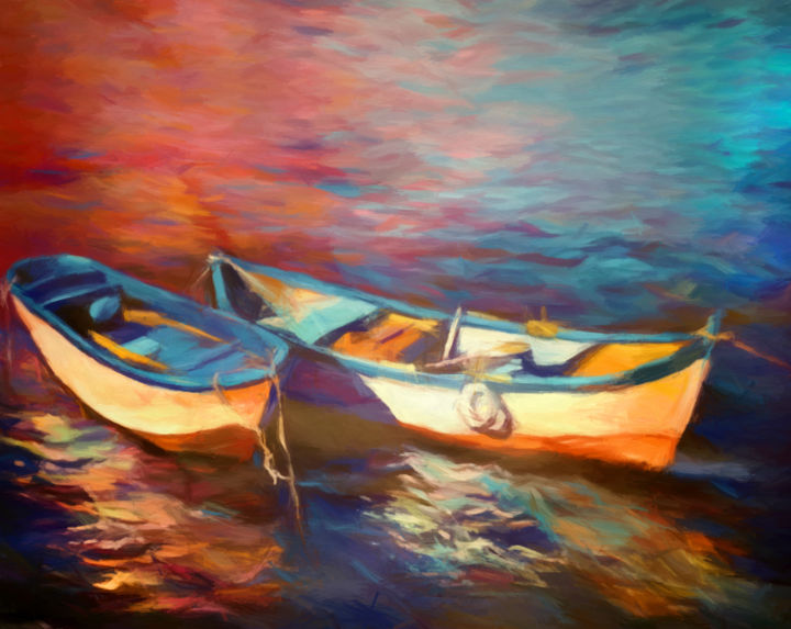 Digital Arts titled "Canoes on the lake" by Angel Estevez, Original Artwork, Digital Painting