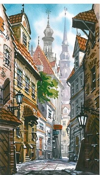Painting titled "old town" by Estilba, Original Artwork, Oil