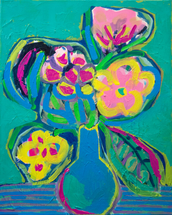 Painting titled "Flower Bouquet I" by Eszter Kerdö, Original Artwork, Acrylic Mounted on Wood Stretcher frame