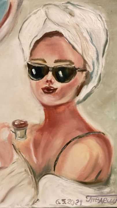 Painting titled "Morning coffee Утре…" by Teleshko Elena, Original Artwork, Oil