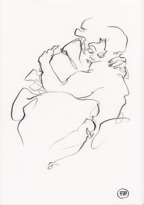 Tekening getiteld "A817 Couple in love" door Etienne Bonnet, Origineel Kunstwerk, Conté