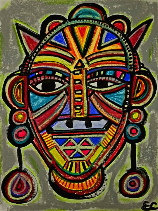 Painting titled "Masque tribal # 1." by Étienne Charlebois, Original Artwork, Pastel