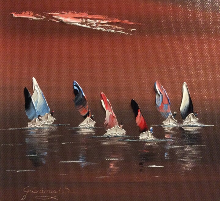 Painting titled "Les7 voiliers en ba…" by Etienne Guérinaud, Original Artwork, Oil Mounted on Other rigid panel