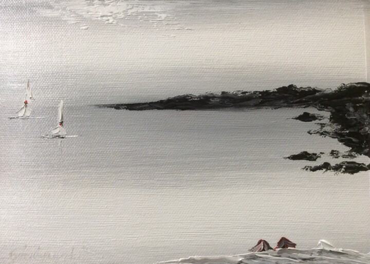 Painting titled "3 barques sur le sa…" by Etienne Guérinaud, Original Artwork, Oil Mounted on Other rigid panel