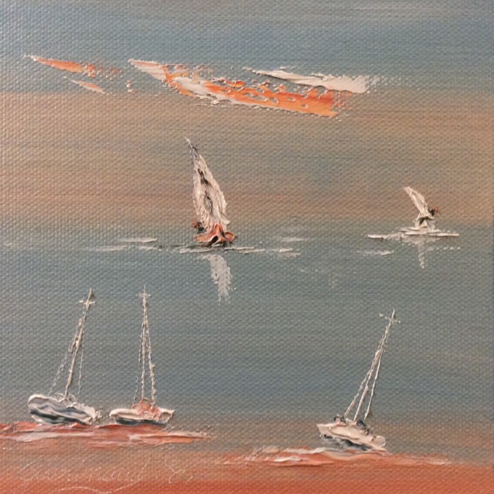 Painting titled "Les 3 bateaux au re…" by Etienne Guérinaud, Original Artwork, Oil Mounted on Other rigid panel