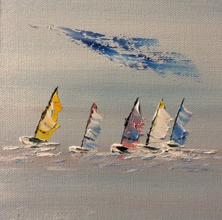 Painting titled "Les 5 surfeurs" by Etienne Guérinaud, Original Artwork, Oil Mounted on Other rigid panel