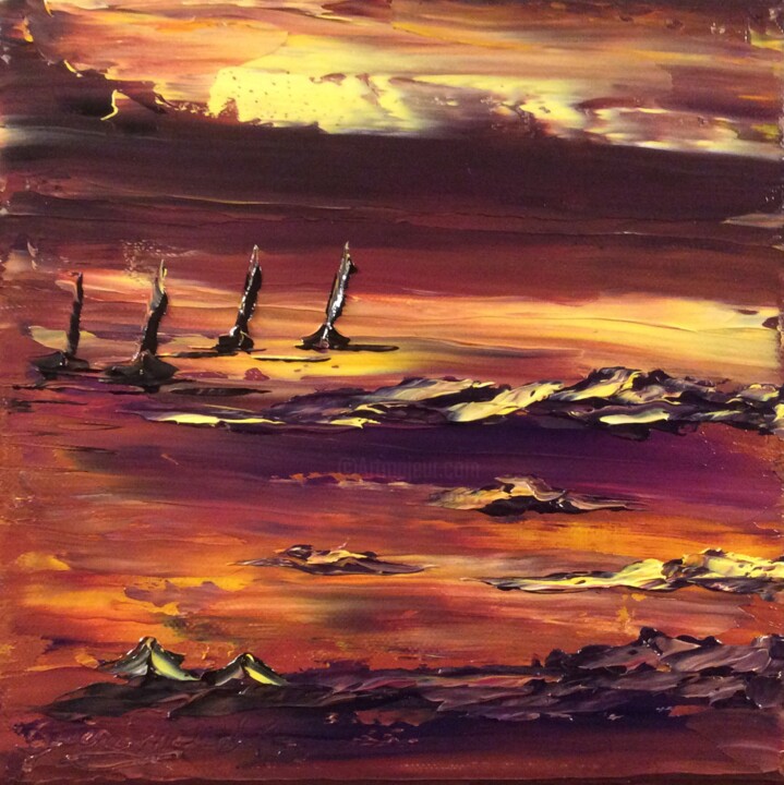 Painting titled "Superbe crépuscule…" by Etienne Guérinaud, Original Artwork, Oil Mounted on Wood Stretcher frame
