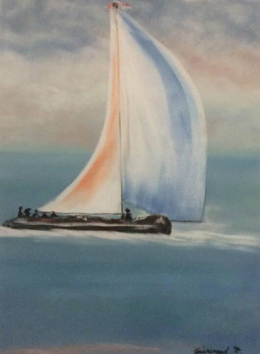Dessin intitulée "Le grand voilier" par Etienne Guérinaud, Œuvre d'art originale, Pastel Monté sur Verre