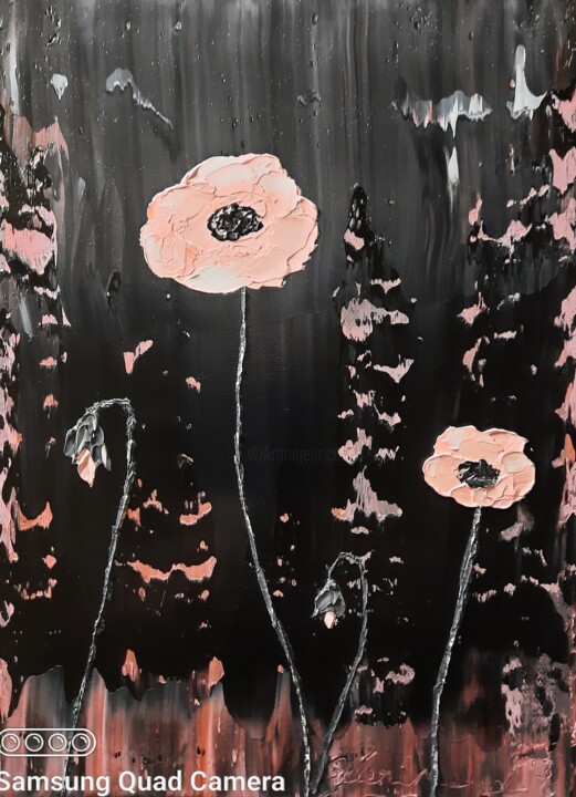 Painting titled "Rose sur fond noir" by Etienne Guérinaud, Original Artwork, Oil Mounted on Other rigid panel