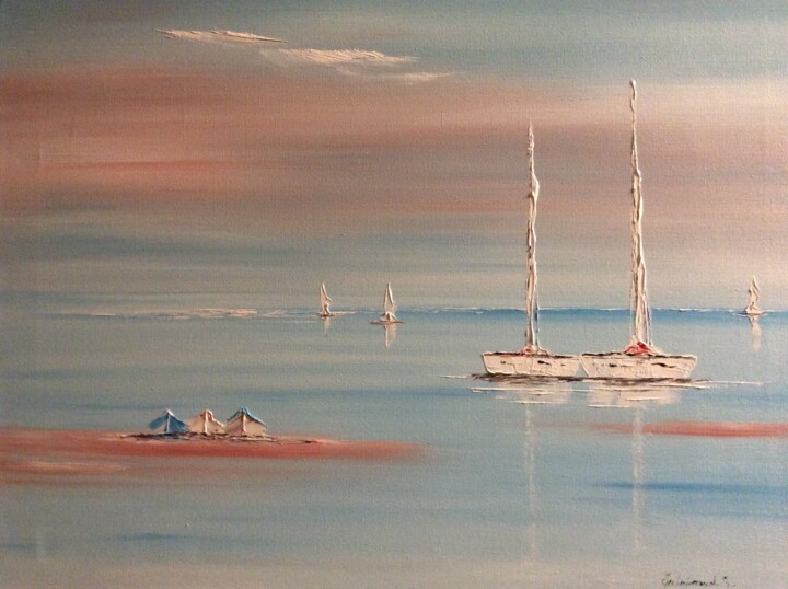 Painting titled "3 petites barques" by Etienne Guérinaud, Original Artwork, Oil Mounted on Wood Stretcher frame