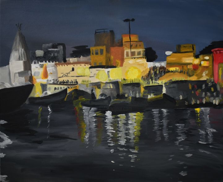Peinture intitulée "Nuit à Varanassi" par Etienne Schroeder, Œuvre d'art originale, Huile Monté sur Châssis