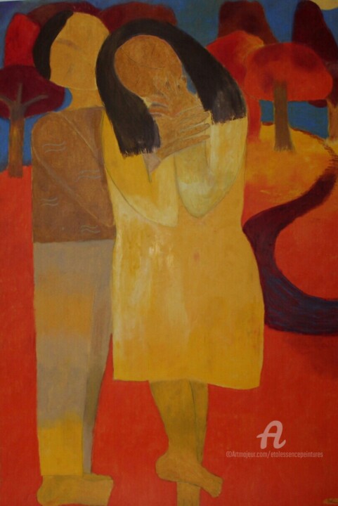 Painting titled "Promenade jaune aux…" by Etolessence, Original Artwork, Pastel
