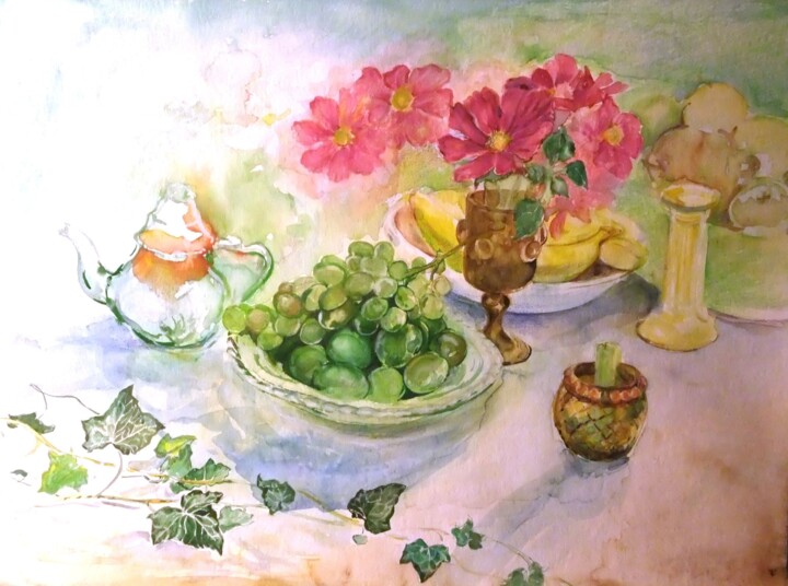 Peinture intitulée "Des raisins, des fl…" par Etsuko Migii, Œuvre d'art originale, Aquarelle