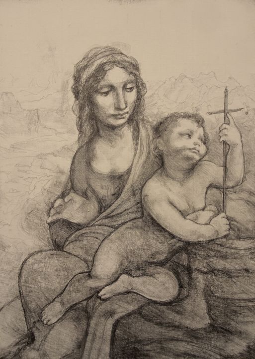 Drawing titled "la vierge au fuseau" by Etzi, Original Artwork, Pencil