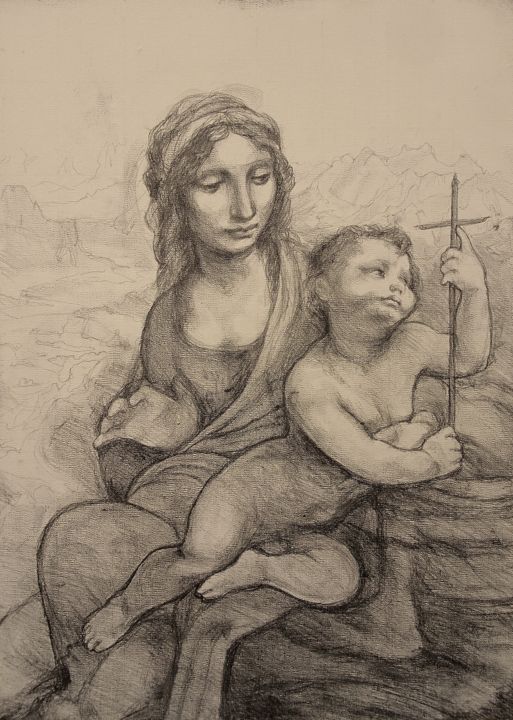 Drawing titled "la vierge au fuseau" by Etzi, Original Art, Pencil