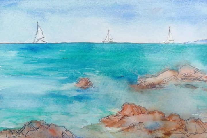 Peinture intitulée "plage de Palombaggia" par Etzi, Œuvre d'art originale, Aquarelle