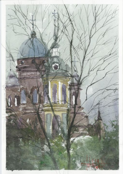 Malerei mit dem Titel "CITYSCAPE PAINTING" von Eugene Gorbachenko, Original-Kunstwerk, Aquarell