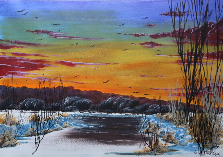 Painting titled "WINTER LAKE ACRYLIC…" by Eugene Gorbachenko, Original Artwork, Acrylic