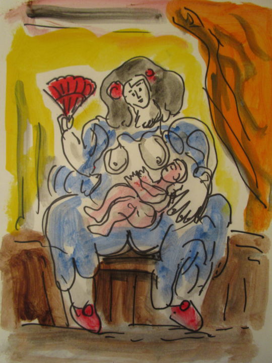 「Mère et enfant」というタイトルの絵画 Eugenio Otero Vilchezによって, オリジナルのアートワーク, オイル