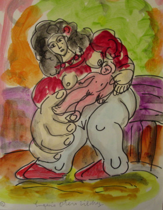 Painting titled "Mère et enfant" by Eugenio Otero Vilchez, Original Artwork, Oil